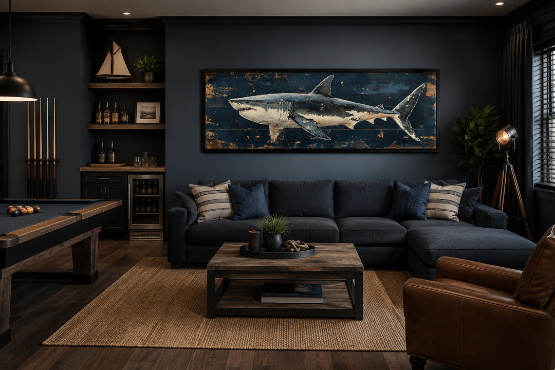 Great white shark horizontal canvas wall art in a moody blue living room above a navy sectional.