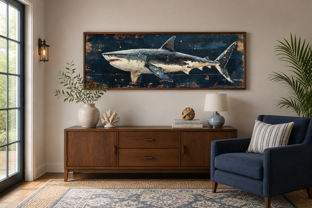 Great white shark horizontal canvas wall art in a dark blue, distressed wood-style frame.