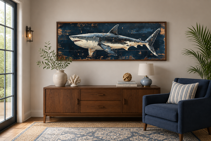 Great white shark horizontal canvas wall art in a dark blue, distressed wood-style frame.