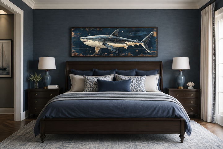 Great white shark horizontal canvas wall art in a navy blue bedroom above a dark wood bed.