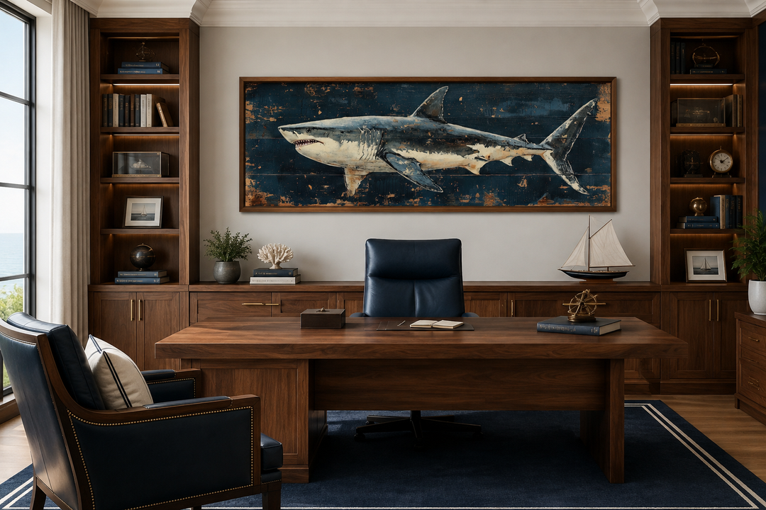 Great white shark horizontal canvas wall art in a dark wood frame above a home office desk.