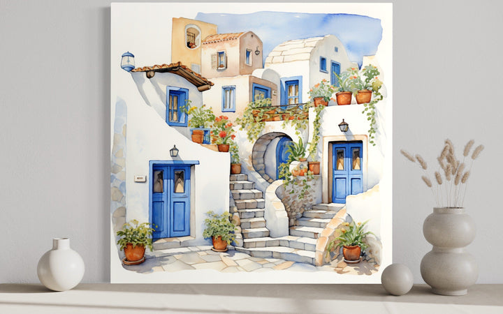 Watercolor painting of whitewashed Greek houses in Santorini with blue doors and terracotta pots.