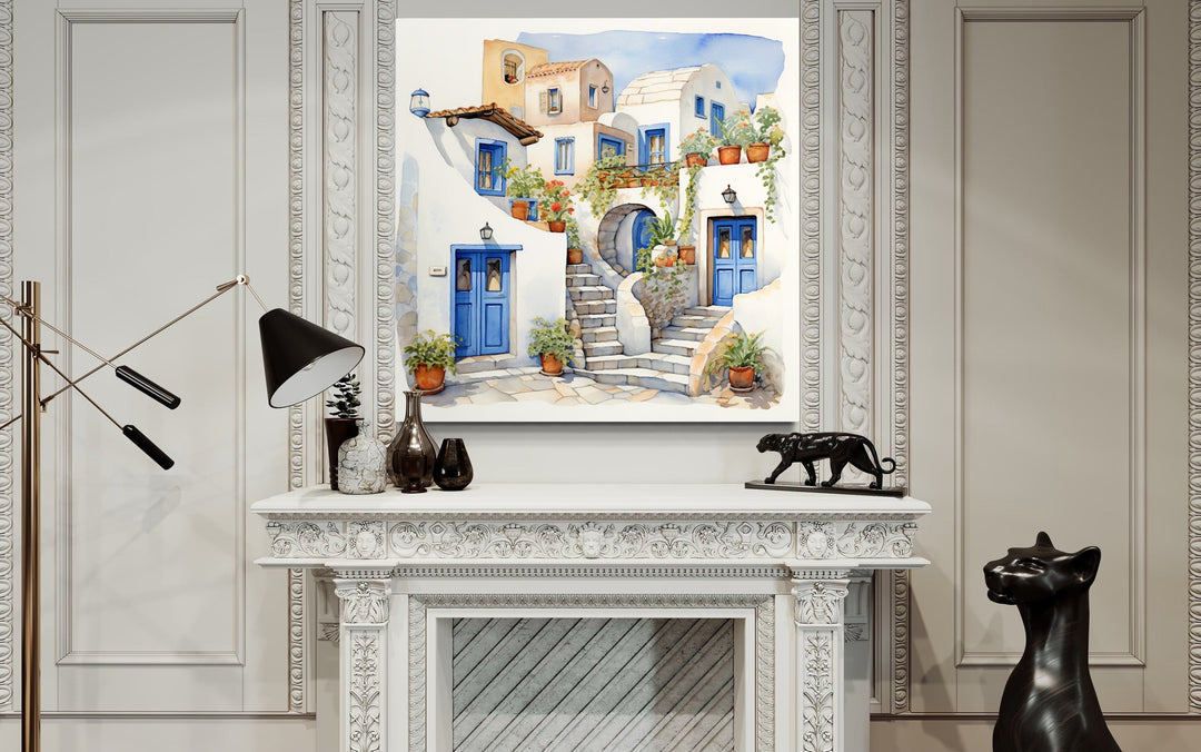 Greek Houses Santorini Greece watercolor painting on framed canvas above a white ornate fireplace.