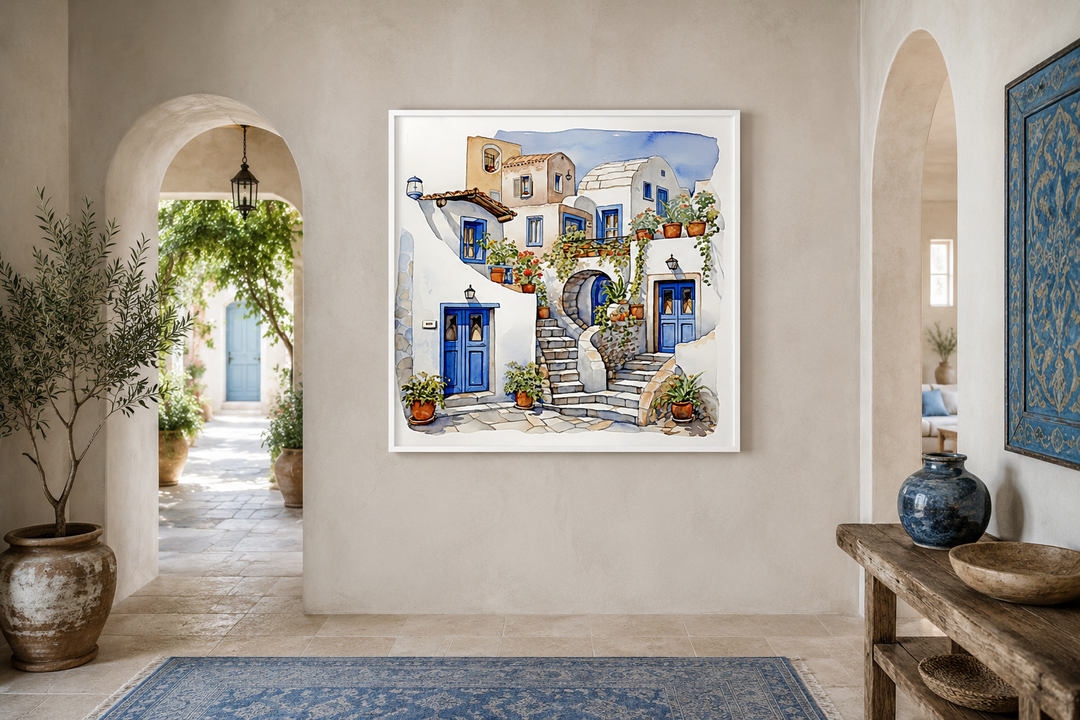 Greek Houses Santorini Greece watercolor painting on framed canvas in a Mediterranean hallway.