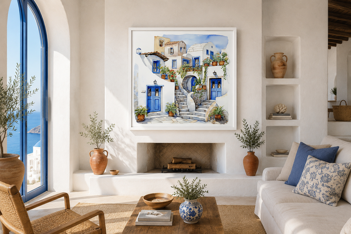 Framed watercolor canvas of Santorini Greek houses hanging above a fireplace in a bright room.