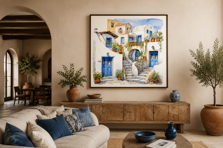 Watercolor painting of Santorini Greek houses with blue doors, framed and hung in a living room.