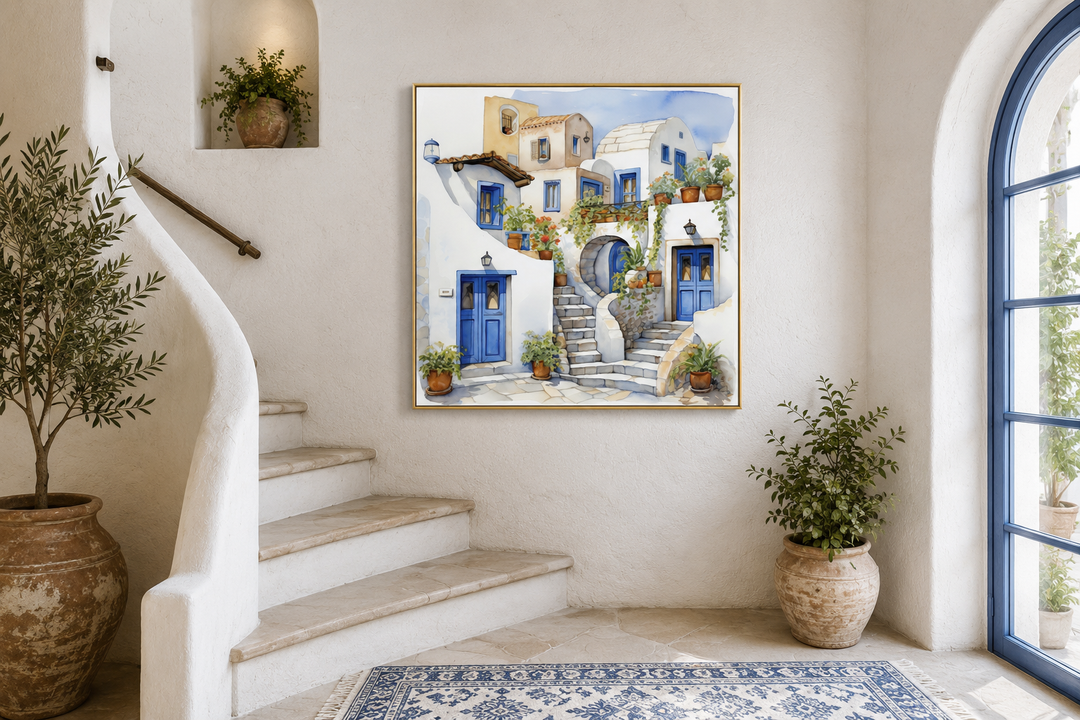 Watercolor painting of Santorini's white houses and blue doors in a gold frame on a white wall.