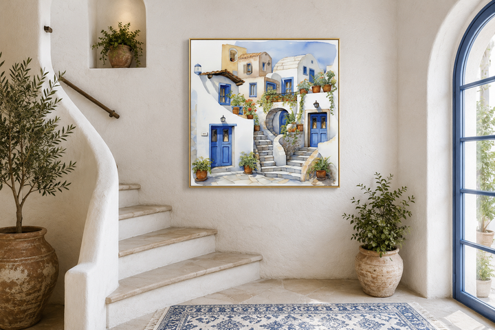 Watercolor painting of Santorini's white houses and blue doors in a gold frame on a white wall.