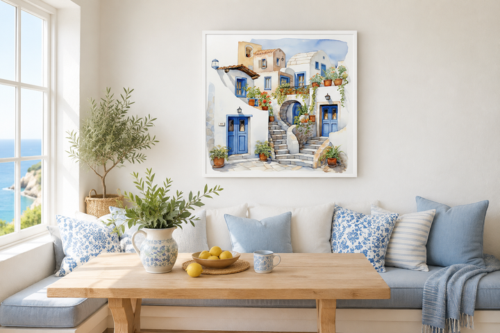 Watercolor painting of Santorini's white houses and blue doors in a white frame above a bench.