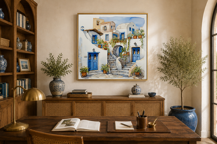 Framed watercolor canvas of Santorini's whitewashed houses and blue doors above a wooden sideboard.