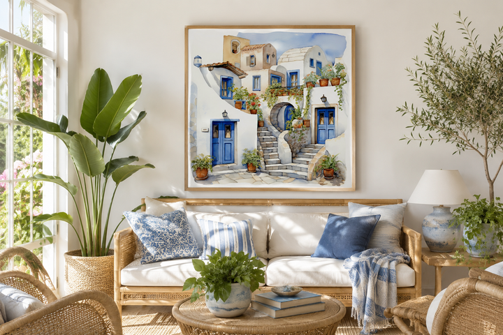 Watercolor painting of Santorini Greek houses with blue doors, framed and hung above a sofa.