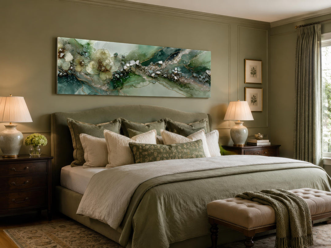 Long horizontal sage green geode canvas print with floral accents hung above a bed.