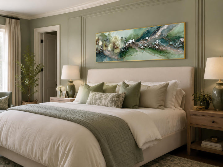 Long horizontal sage green geode canvas print with floral accents hanging above a bed.
