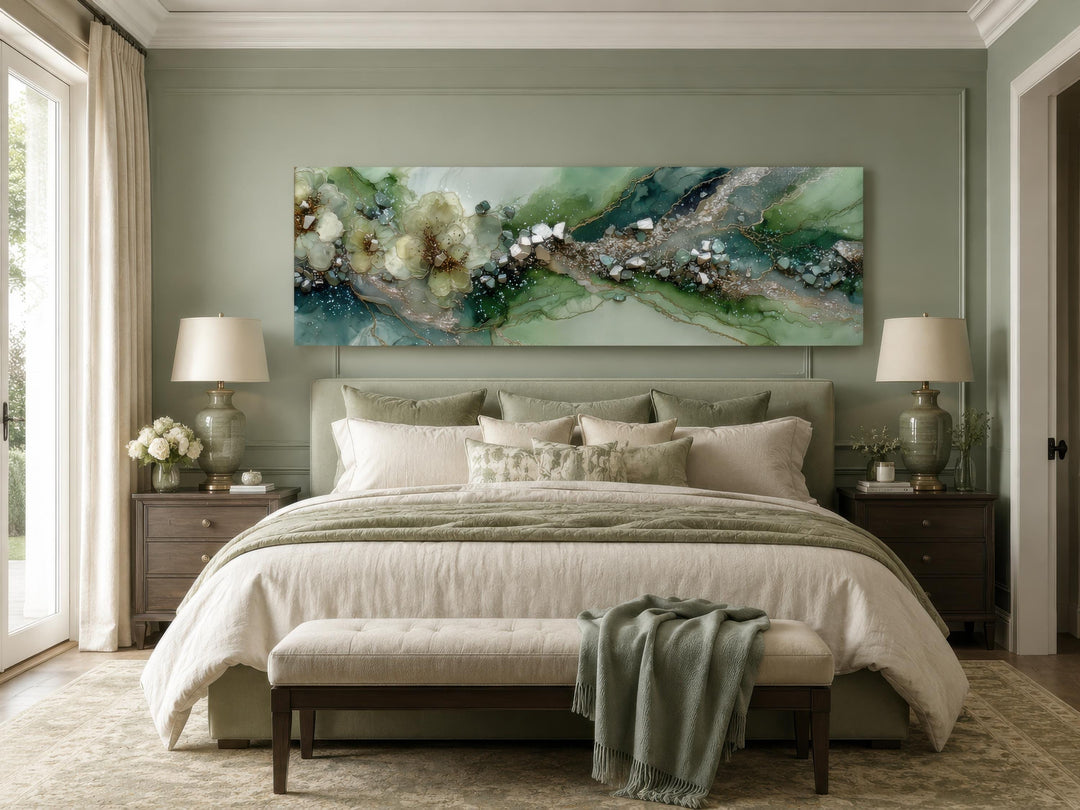 Long horizontal sage green geode canvas print with floral accents above a bed in a bedroom.