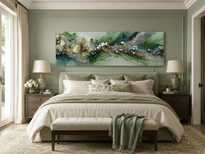 Long horizontal sage green geode canvas print with floral accents above a bed in a bedroom.