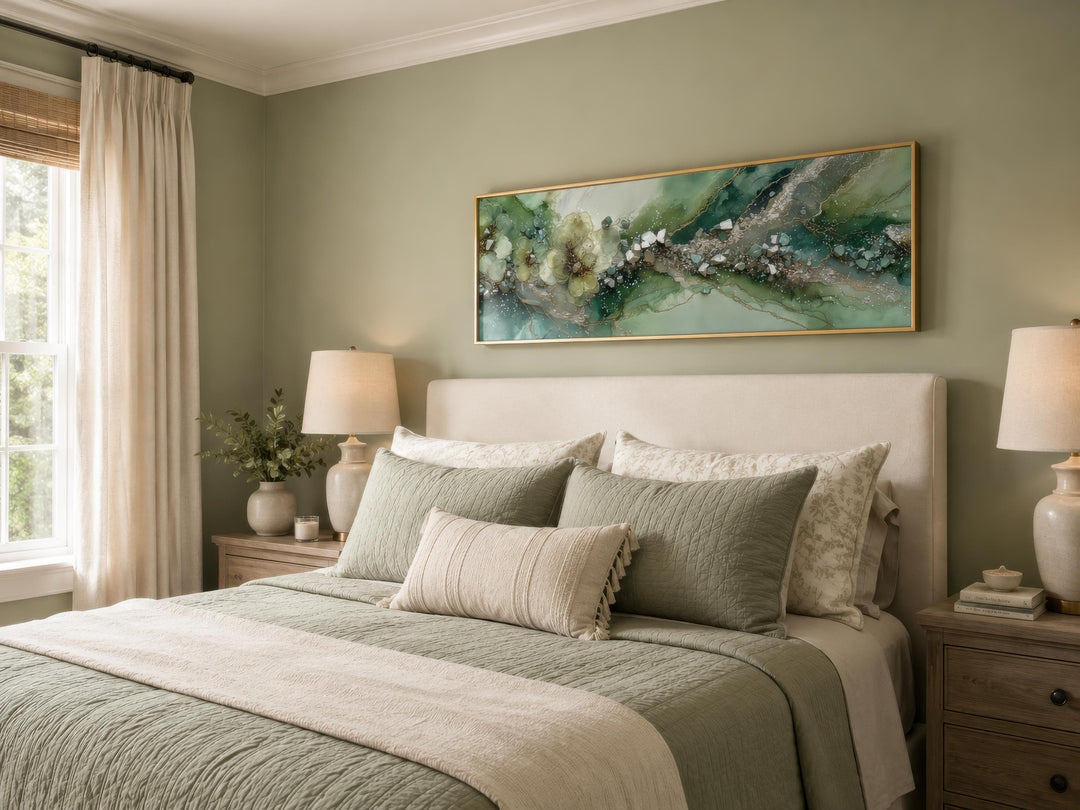 Long horizontal sage green geode canvas print with floral accents above a bed in a modern bedroom.