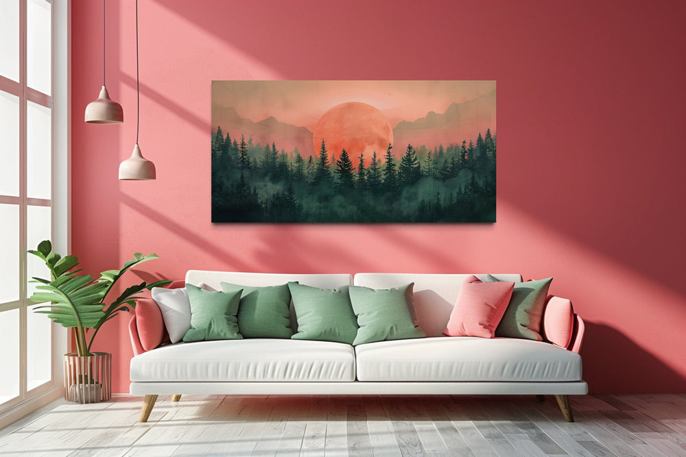 Green And Pink Sun Setting Over Forest Framed Canvas Wall Art-Wall Decor Delights