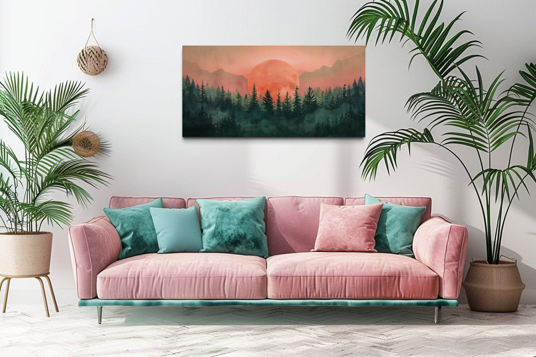 Green And Pink Sun Setting Over Forest Framed Canvas Wall Art