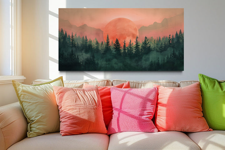 Green And Pink Sun Setting Over Forest Framed Canvas Wall Art