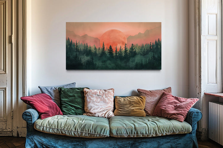 Green And Pink Sun Setting Over Forest Framed Canvas Wall Art