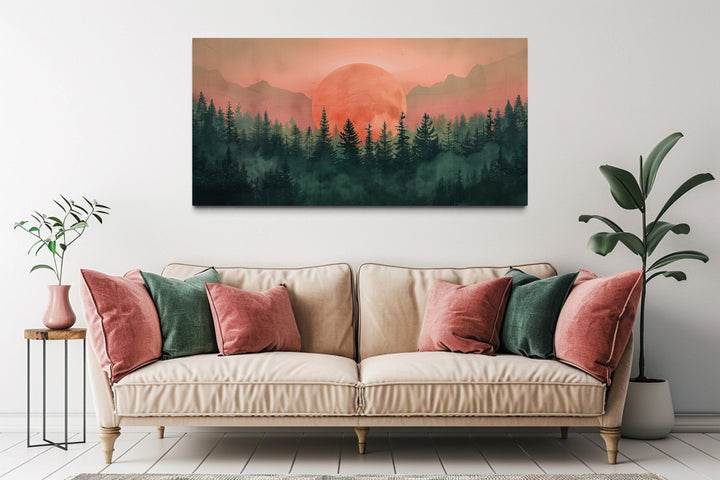 Green And Pink Sun Setting Over Forest Framed Canvas Wall Art