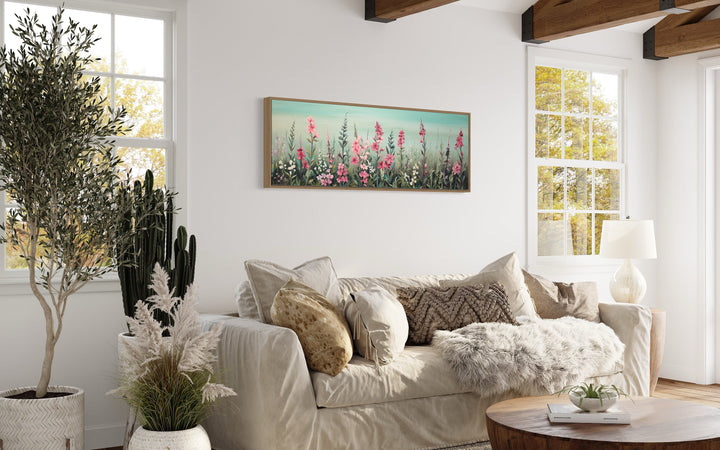 Green And Pink Wildflowers Field Panoramic Canvas Wall Art