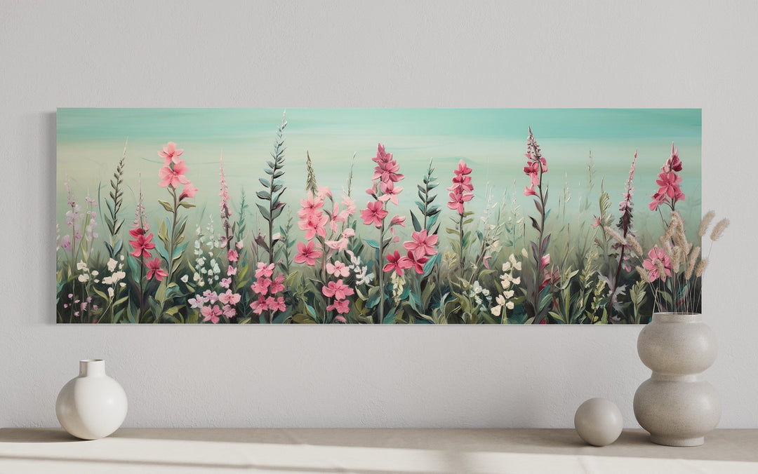 Green And Pink Wildflowers Field Panoramic Canvas Wall Art