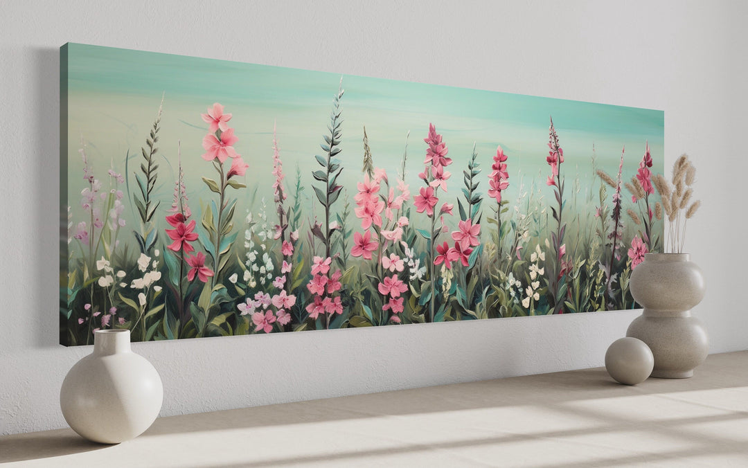 Green And Pink Wildflowers Field Panoramic Canvas Wall Art