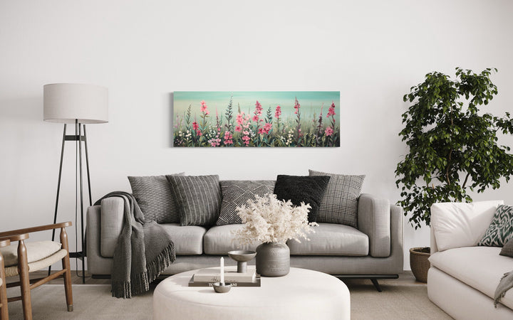 Green And Pink Wildflowers Field Panoramic Canvas Wall Art