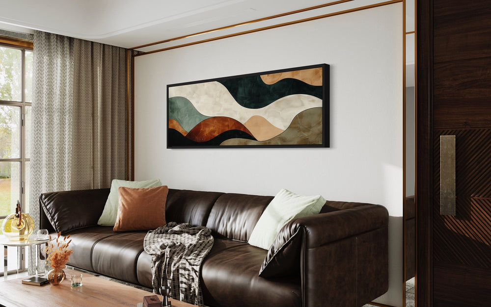 Green Brown Waves Modern Living Room Horizontal Canvas Wall Art above brown couch