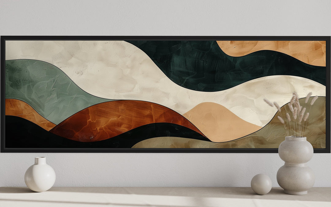 Green Brown Waves Modern Living Room Horizontal Canvas Wall Art