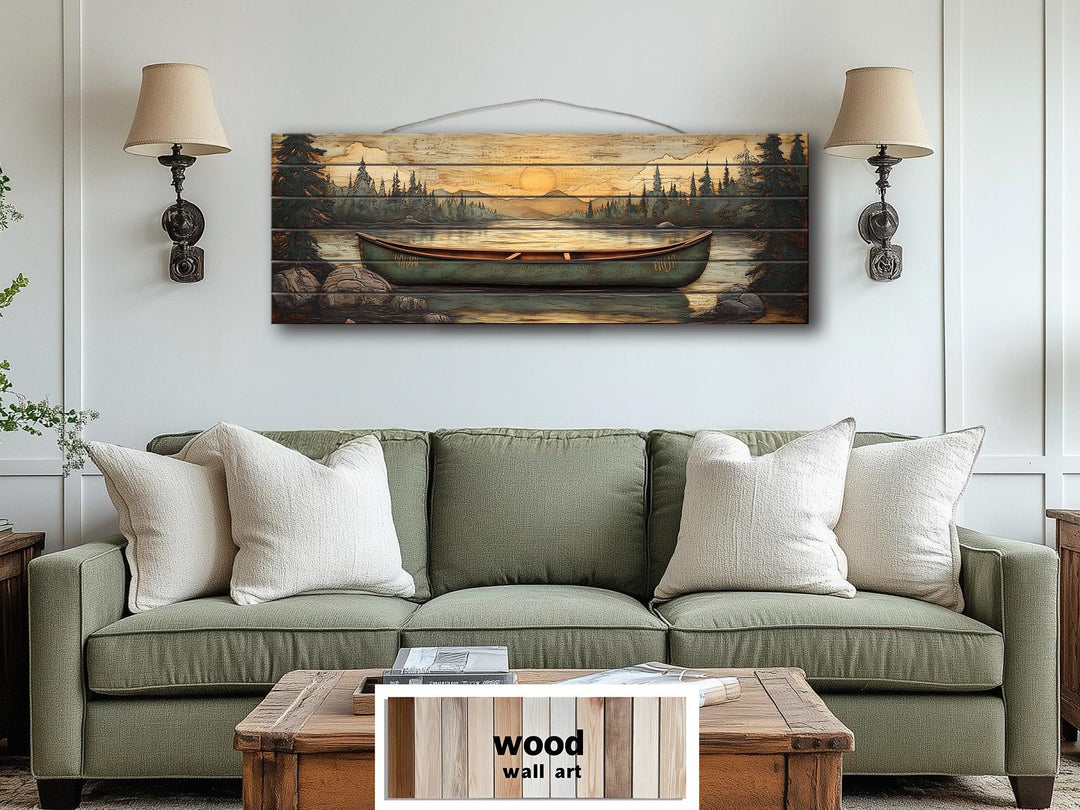 Green Canoe Long Horizontal Distressed Wood Wall Art