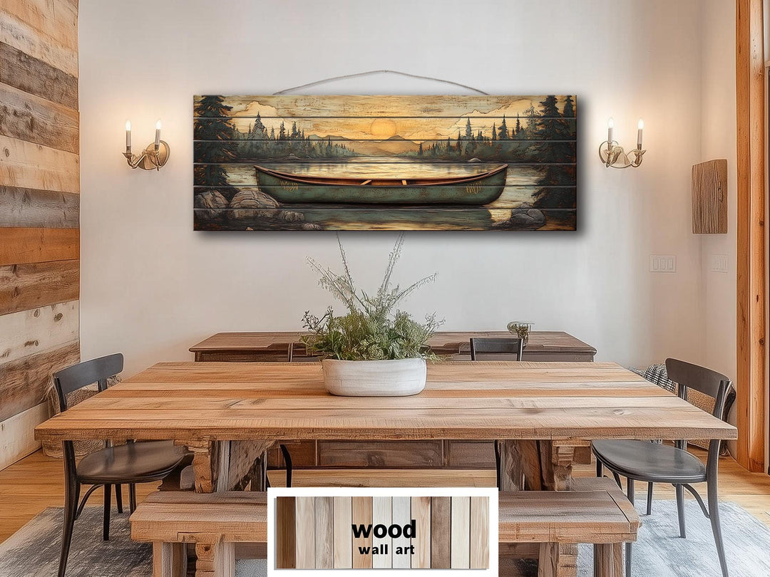Green Canoe Long Horizontal Distressed Wood Wall Art