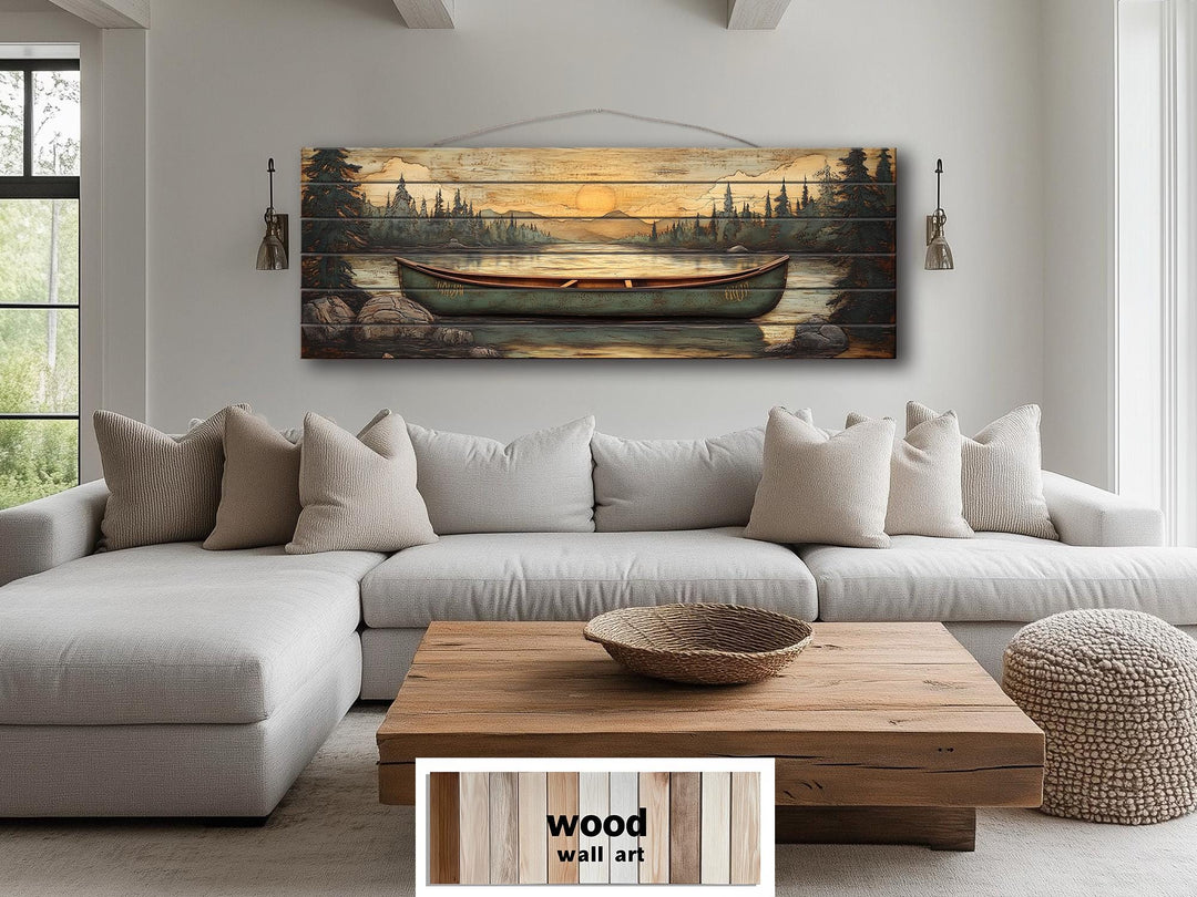 Green Canoe Long Horizontal Distressed Wood Wall Art