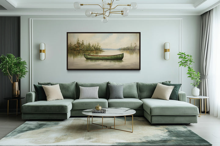 Green Canoe Rustic Painting On Wood Framed Cabin Wall Decor
