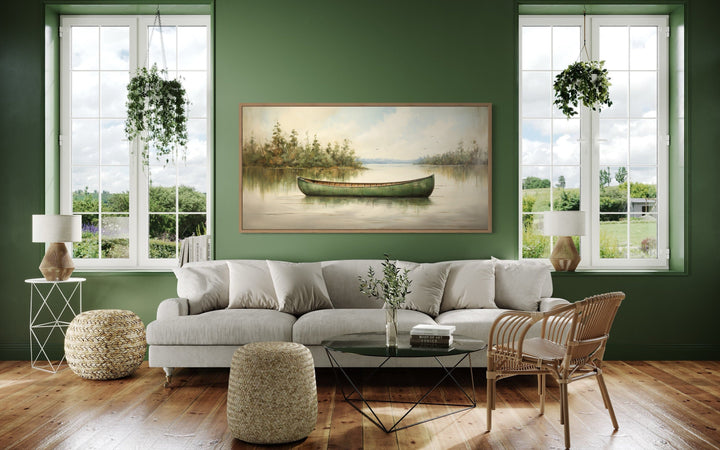 Green Canoe Rustic Painting On Wood Framed Cabin Wall Decor