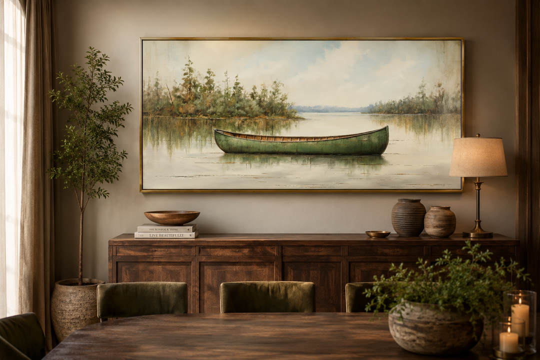 Framed canvas painting of a green canoe on a calm lake, styled in a rustic dining room.