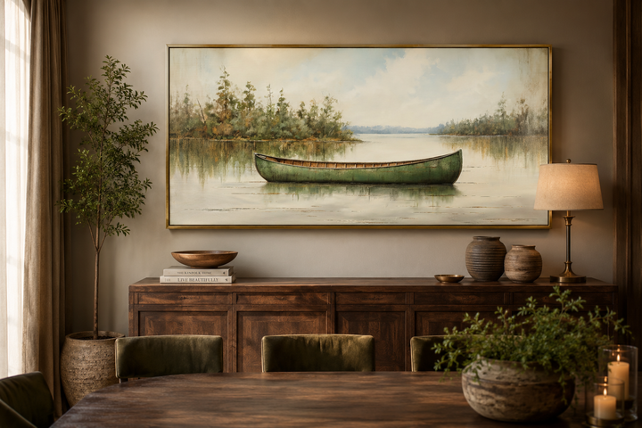 Framed canvas painting of a green canoe on a calm lake, styled in a rustic dining room.