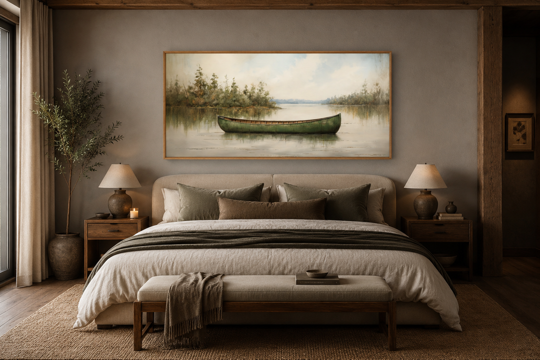 Framed wood canvas painting of a green canoe on a calm lake, hung above a bed in a rustic bedroom.