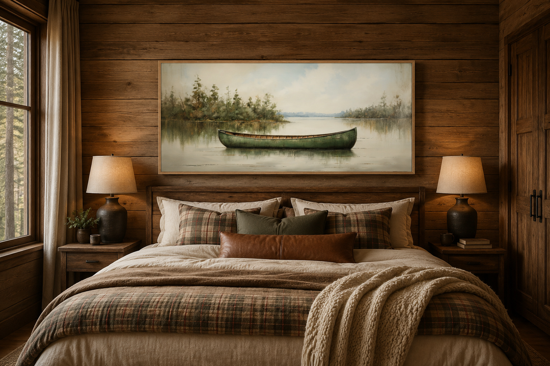 Framed canvas painting of a green canoe on a calm lake, hung above a bed in a rustic cabin bedroom.