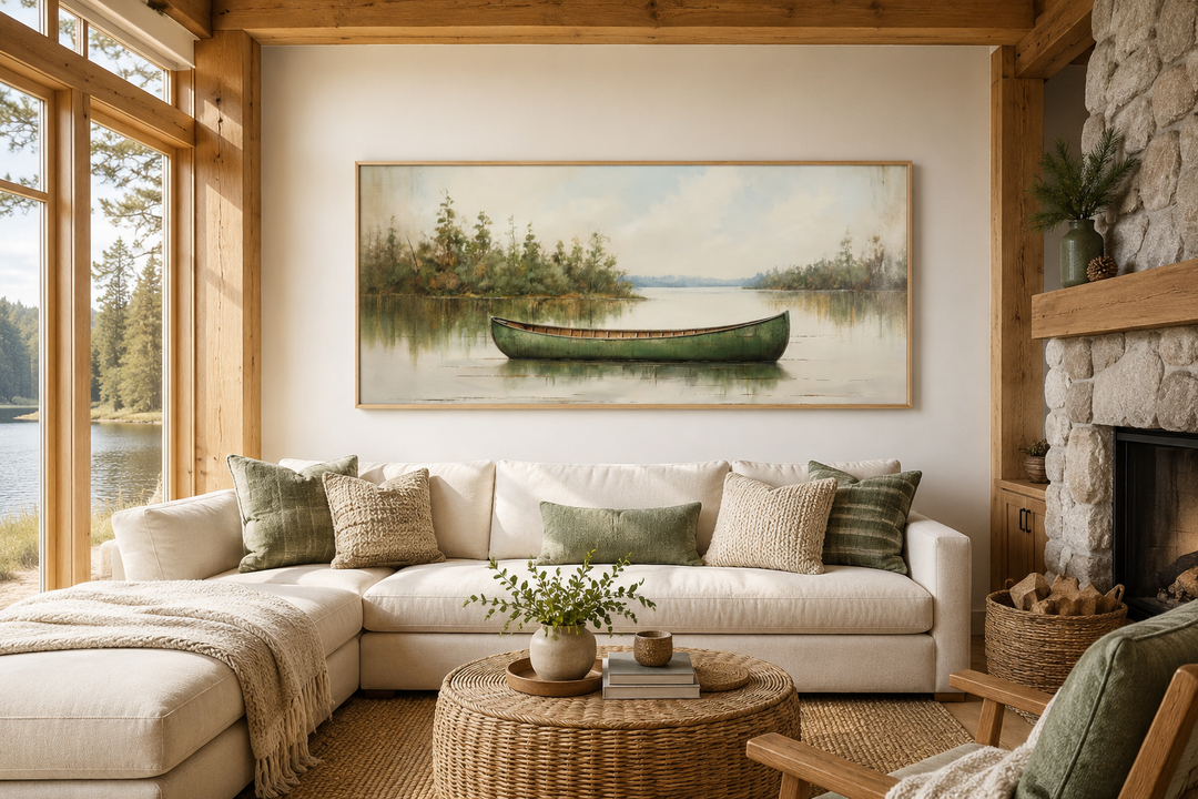 Framed canvas painting of a green canoe on a calm lake, styled in a rustic living room.