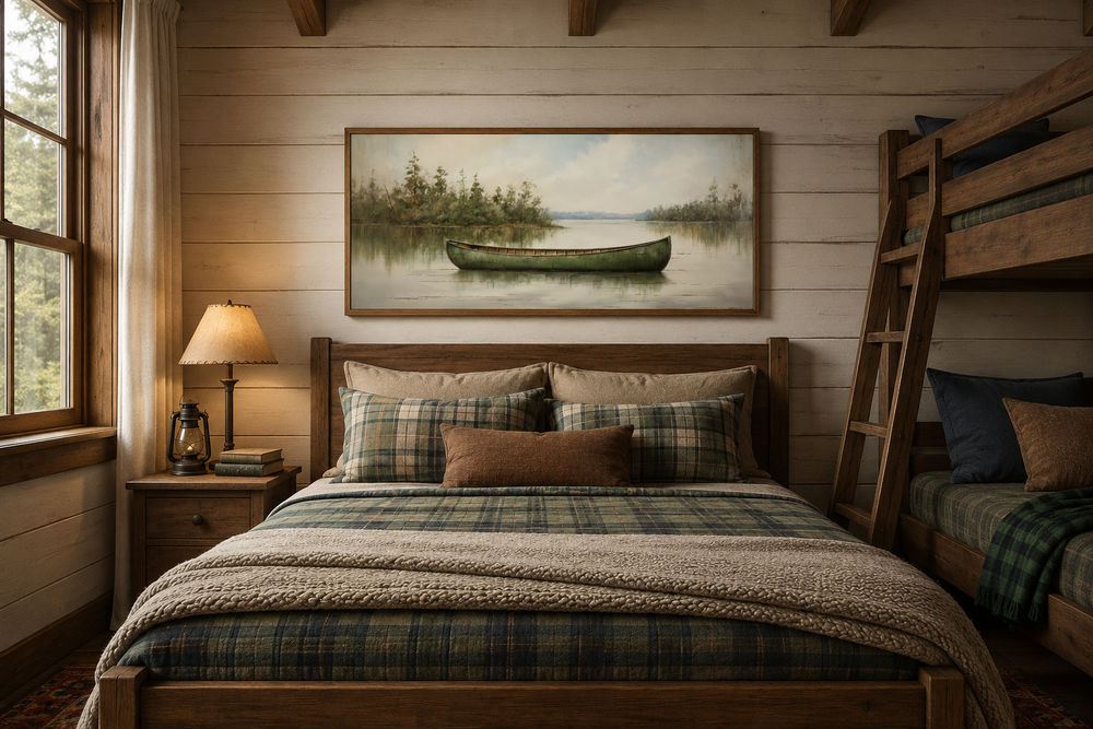 Framed green canoe painting on a calm lake, hanging above a bed in a rustic wood-paneled cabin.