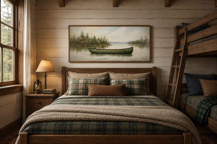 Framed green canoe painting on a calm lake, hanging above a bed in a rustic wood-paneled cabin.