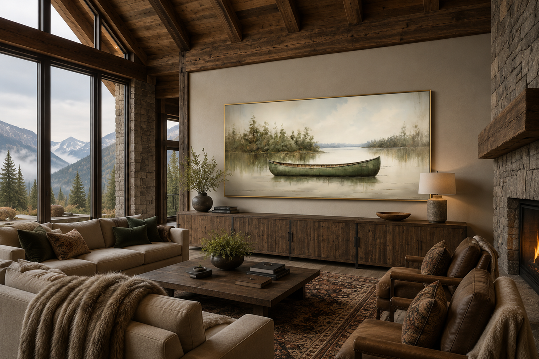 Framed wood canvas painting of a green canoe on a calm lake in a rustic cabin living room.