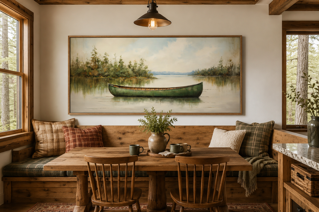 Framed green canoe painting on a calm lake, hanging in a rustic dining nook with wood furniture.