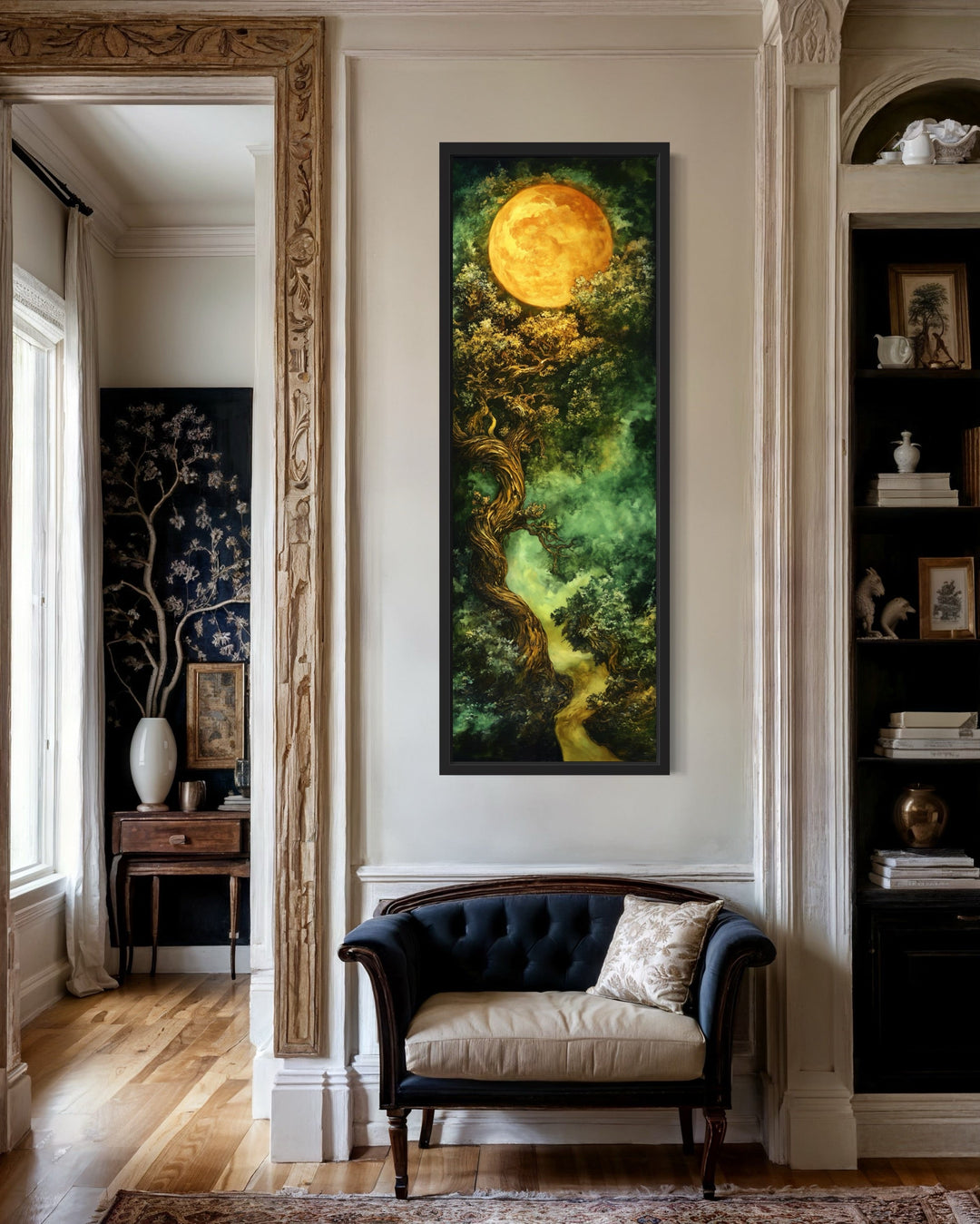 Tall narrow vertical framed canvas art of a green Celtic tree of life under a golden moon.