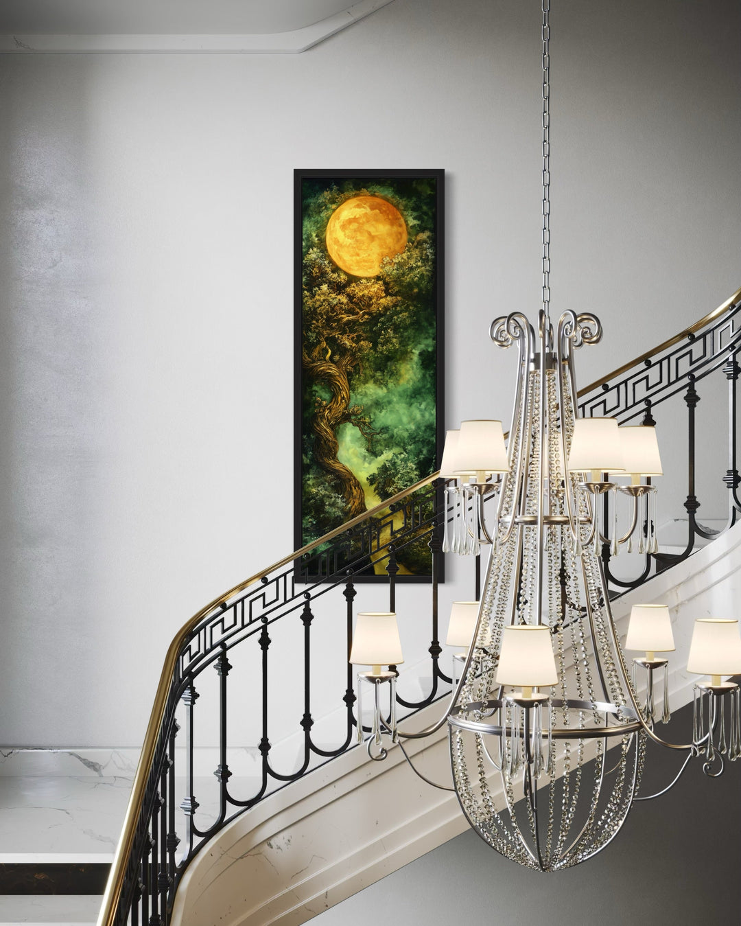 a staircase with a chandelier and a painting on the wall