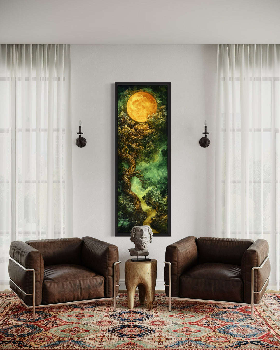 Tall narrow framed canvas art of a green Celtic tree of life under a large golden moon.