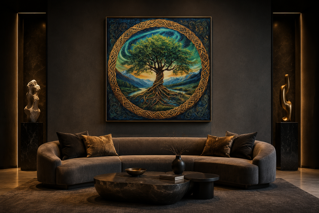 Green Celtic Tree of Life framed canvas wall art hanging above a modern curved sofa.