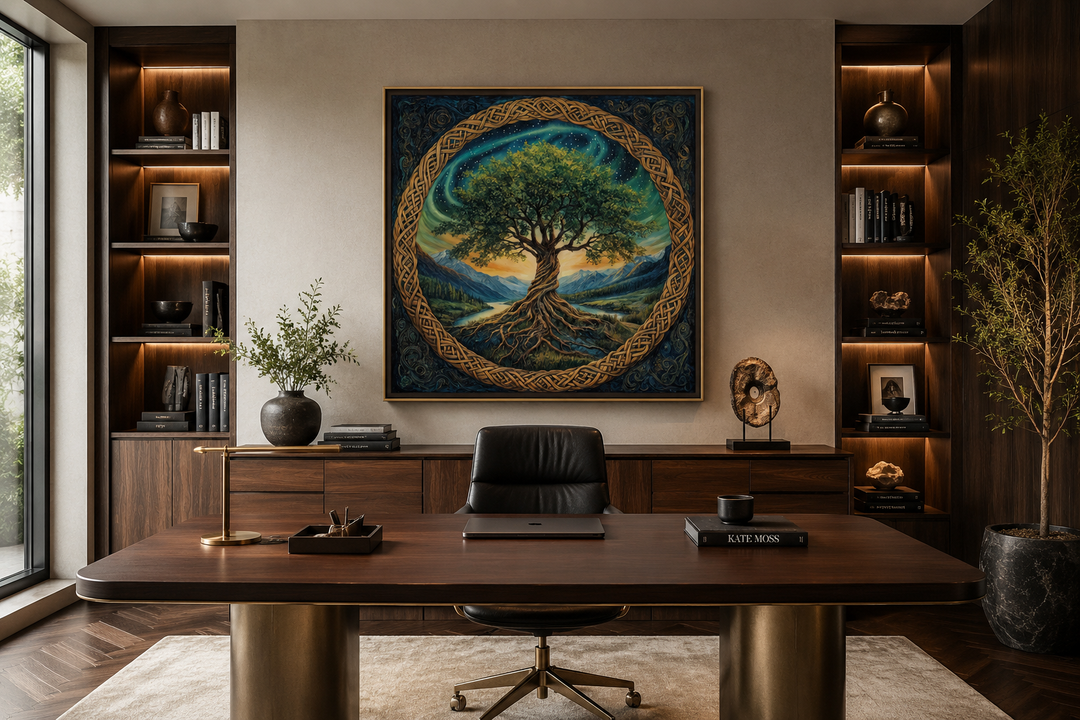 Green Celtic Tree of Life framed canvas wall art hanging in a modern home office.